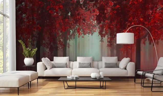 red custom forest wallpaper called Out of Love by 1x for dining rooms or bedrooms