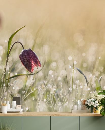 Decorazione murale con tulipano rosso in campo ricoperto di gocce di pioggia Decorazione murale con tulipano rosso in campo ricoperto di gocce di pioggia