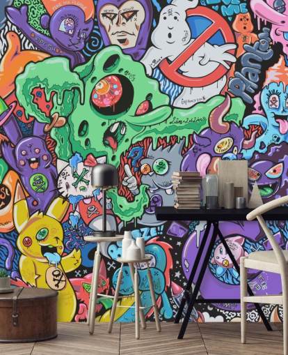 kleurrijke cartoon graffiti behangmuurschildering genaamd Ghosts by Grins Walls voor tienerkamers, thuiskantoren en mannengrotten kleurrijke cartoon graffiti behangmuurschildering genaamd Ghosts by Grins Walls voor tienerkamers, thuiskantoren en mannengrotten