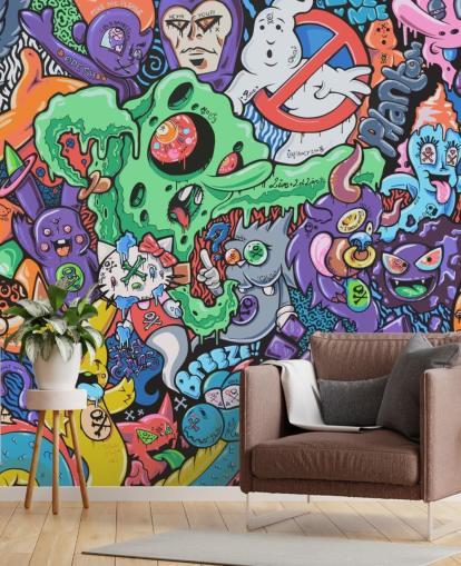 carta da parati murale colorata con graffiti a fumetti chiamata Ghosts by Grins Walls per camere da letto per adolescenti, uffici domestici e grotte per uomini carta da parati murale colorata con graffiti a fumetti chiamata Ghosts by Grins Walls per camere da letto per adolescenti, uffici domestici e grotte per uomini