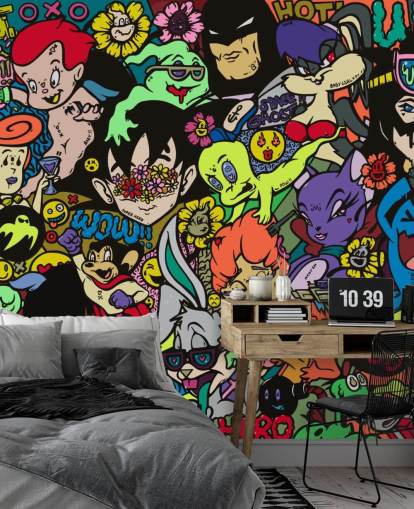 colourful customisable cartoon graffiti wall mural called My Hero by Grins Walls for teen bedrooms, home offices and man caves colourful customisable cartoon graffiti wall mural called My Hero by Grins Walls for teen bedrooms, home offices and man caves