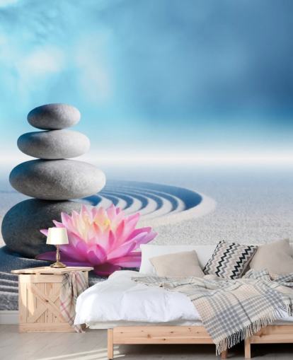 Papel pintado de guijarros apilados, loto rosa sobre arena Papel pintado de guijarros apilados, loto rosa sobre arena