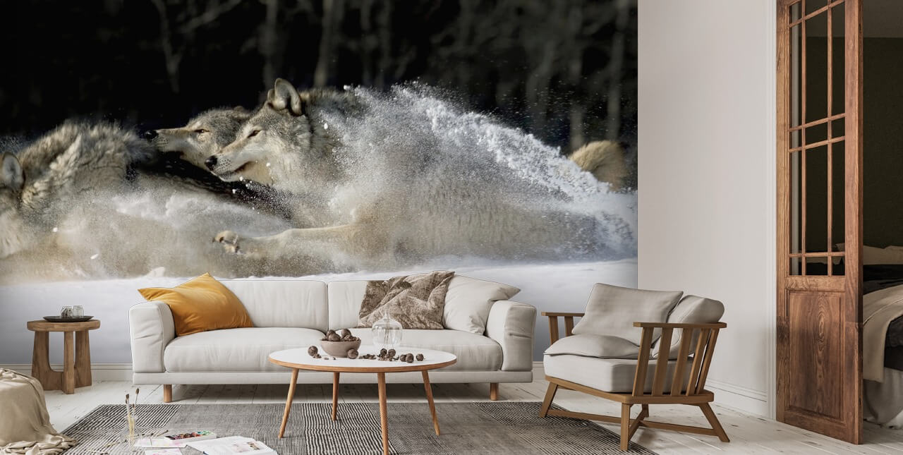 Wolves Running Through Deep Snow Wallpaper | Wallsauce US