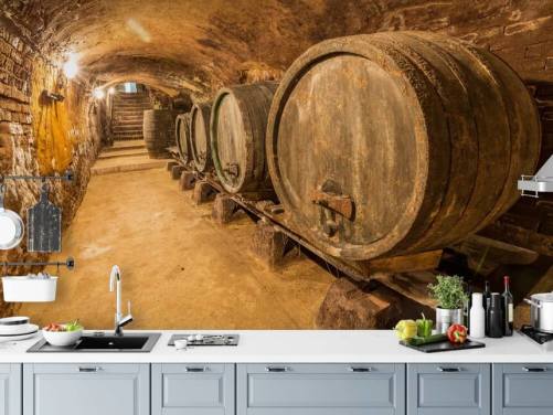 brown wine cellar wallpaper mural called Old Wine Barrels for restaurants, kitchens and wine cellars