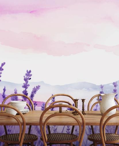 paarse en roze op maat gemaakte aquarelbehangmuurschildering genaamd Lavender Drift voor slaapkamers paarse en roze op maat gemaakte aquarelbehangmuurschildering genaamd Lavender Drift voor slaapkamers