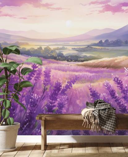 paarse aanpasbare aquarel muurschildering genaamd Lavender Watercolour Sunset voor slaapkamers en gangen paarse aanpasbare aquarel muurschildering genaamd Lavender Watercolour Sunset voor slaapkamers en gangen