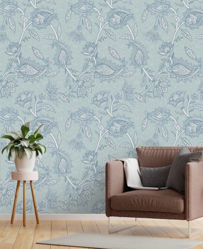 mural de papel de parede boêmio personalizado azul chamado Blue Boho Floral Paisley da Bloomery Decor mural de papel de parede boêmio personalizado azul chamado Blue Boho Floral Paisley da Bloomery Decor