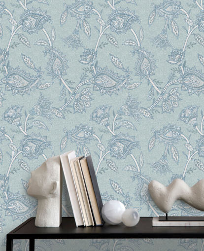 blaues kundenspezifisches böhmisches Tapeten-Wandbild namens Blue Boho Floral Paisley von Bloomery Decor blaues kundenspezifisches böhmisches Tapeten-Wandbild namens Blue Boho Floral Paisley von Bloomery Decor