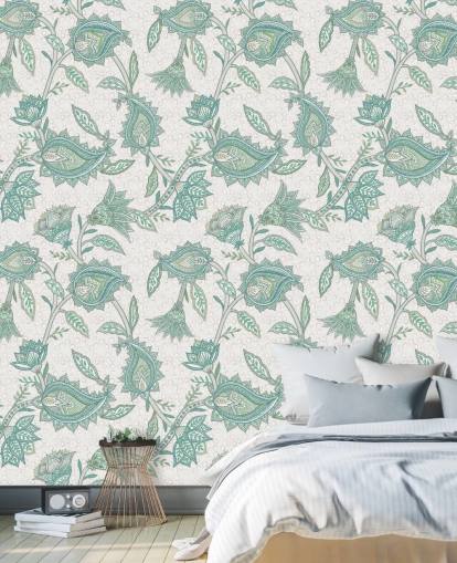 grünes individuelles Paisley-Tapeten-Wandbild namens Green Boho Floral Paisley von Bloomery Decor grünes individuelles Paisley-Tapeten-Wandbild namens Green Boho Floral Paisley von Bloomery Decor