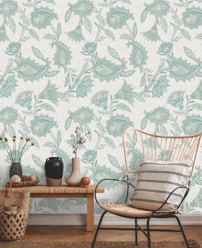 hellgrünes maßgeschneidertes Paisley-Tapeten-Wandbild namens Pale Green Floral Paisley von Bloomery Decor hellgrünes maßgeschneidertes Paisley-Tapeten-Wandbild namens Pale Green Floral Paisley von Bloomery Decor