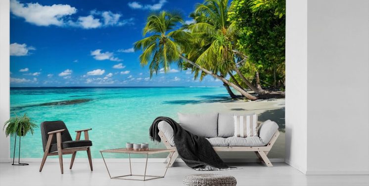 Palm Tree på hvit slipt tropisk strand tapet