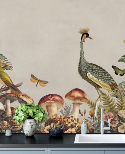 mural de papel pintado de hongos personalizable llamado Mushroom Forest Crane de Andrea Haase mural de papel pintado de hongos personalizable llamado Mushroom Forest Crane de Andrea Haase