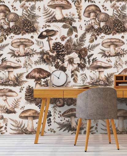 brunt tilpasseligt champignon tapetmaleri kaldet Mushroom Woodland Neutral af Andrea Haase brunt tilpasseligt champignon tapetmaleri kaldet Mushroom Woodland Neutral af Andrea Haase