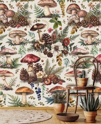 mural de papel de parede de cogumelos personalizável chamado Mushroom Woodland de Andrea Haase mural de papel de parede de cogumelos personalizável chamado Mushroom Woodland de Andrea Haase