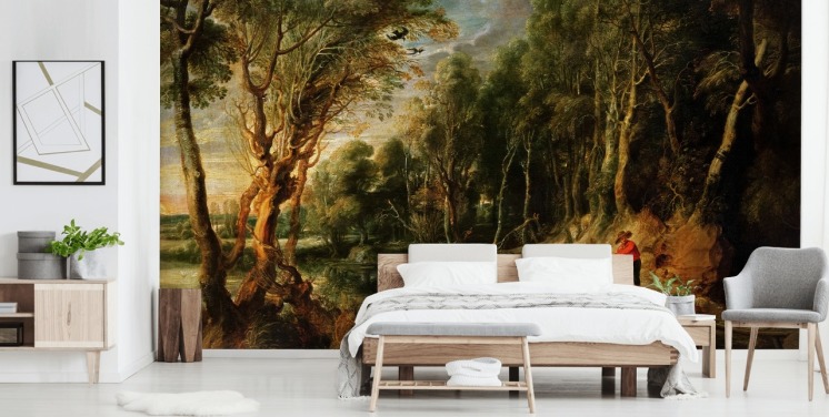 A Shepherd with his Flock in a Woody landscape, c.1615-22 (oil on oak) mural
