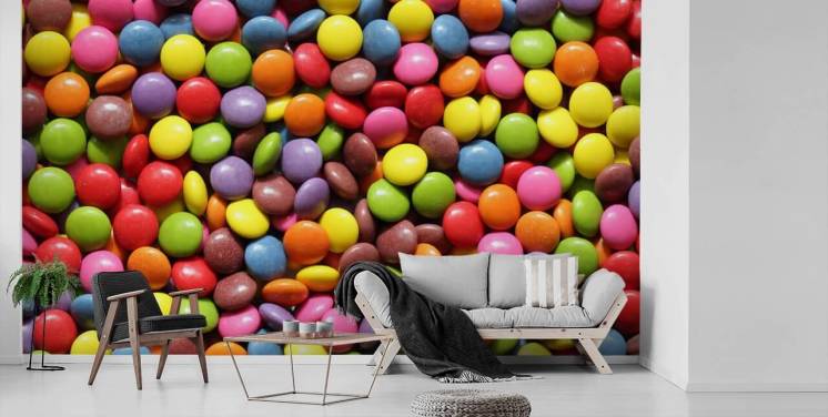 rainbow colored chocolates wallpaper mural called Colorful Sweets for kids bedrooms, sweet shops and businesses