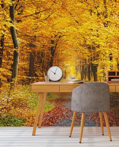 yellow and orange woodland wallpaper mural called Autumn Forest with Yellow Leaves for lounges, home offices and bedrooms yellow and orange woodland wallpaper mural called Autumn Forest with Yellow Leaves for lounges, home offices and bedrooms