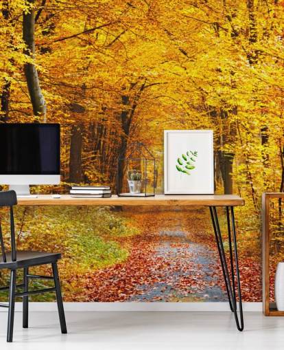 mural de papel pintado de un bosque amarillo y naranja llamado Bosque de otoño con hojas amarillas para salones, oficinas en casa y dormitorios mural de papel pintado de un bosque amarillo y naranja llamado Bosque de otoño con hojas amarillas para salones, oficinas en casa y dormitorios