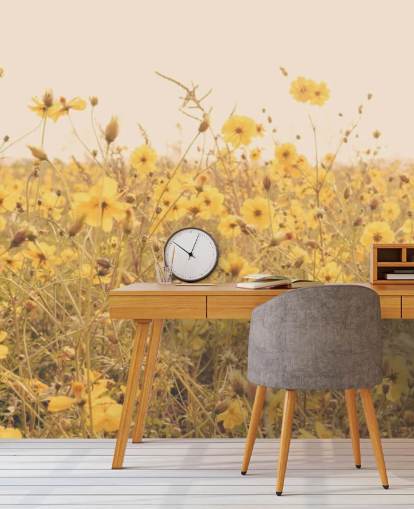 Blommig gula blommor i fältet i Sepia väggmålning Blommig gula blommor i fältet i Sepia väggmålning