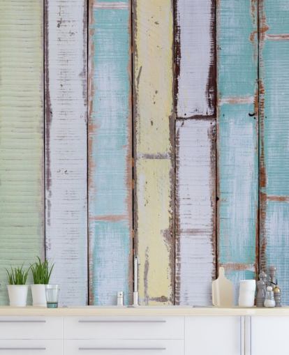 Decorazione murale con pannelli in legno con sfumature di blu e bianco Decorazione murale con pannelli in legno con sfumature di blu e bianco