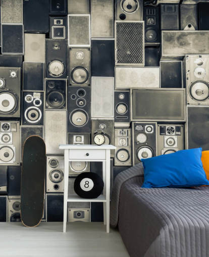 sfondo per altoparlanti personalizzabile in bianco e nero chiamato Music Speakers Wall Monochrome per camera da letto sfondo per altoparlanti personalizzabile in bianco e nero chiamato Music Speakers Wall Monochrome per camera da letto