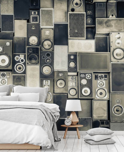 zwart-wit aanpasbaar luidsprekerbehang genaamd Music Speakers Wall Monochrome voor slaapkamer zwart-wit aanpasbaar luidsprekerbehang genaamd Music Speakers Wall Monochrome voor slaapkamer