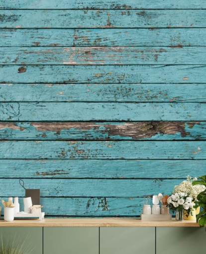 Blauw geschilderd rustiek houten paneelbehang Blauw geschilderd rustiek houten paneelbehang