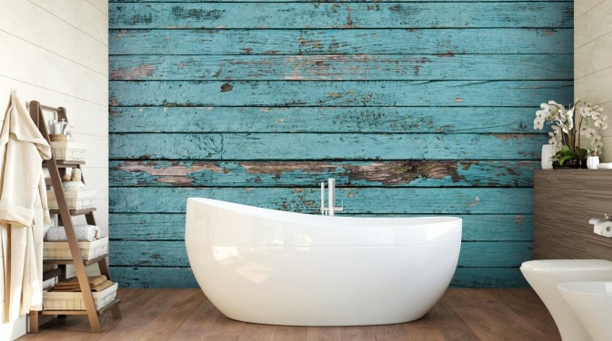 Blue Painted Rustic Wood Panel Wallpaper