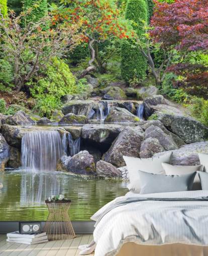 Japanse waterval tuin muurschildering Japanse waterval tuin muurschildering