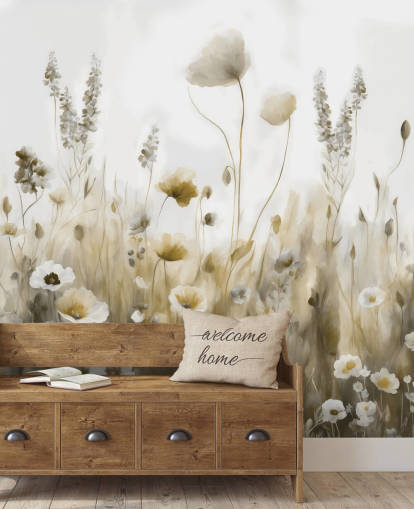 gelbe und graue Wildblumentapete namens Ease III von Marina Stupakova für Schlafzimmer, Küchen und Badezimmer gelbe und graue Wildblumentapete namens Ease III von Marina Stupakova für Schlafzimmer, Küchen und Badezimmer