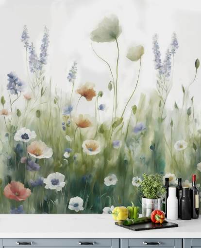 kleurrijke muurschildering met wilde bloemen genaamd Ease van Marina Stupakova voor slaapkamers, woonkamers en gangen kleurrijke muurschildering met wilde bloemen genaamd Ease van Marina Stupakova voor slaapkamers, woonkamers en gangen