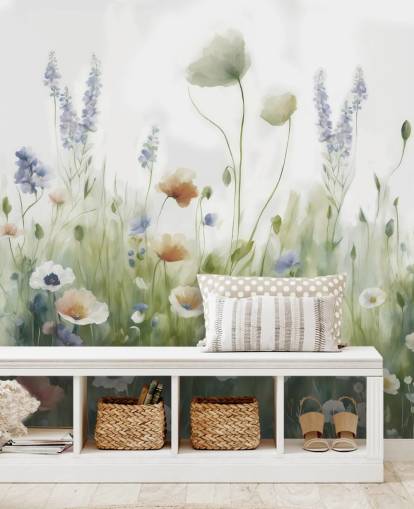 mural colorido de flores silvestres chamado Ease, de Marina Stupakova, para quartos, salas de estar e corredores mural colorido de flores silvestres chamado Ease, de Marina Stupakova, para quartos, salas de estar e corredores