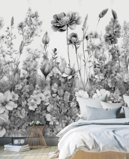 black and white floral wallpaper mural called Flowers of My Soul III by Marina Stupakova black and white floral wallpaper mural called Flowers of My Soul III by Marina Stupakova