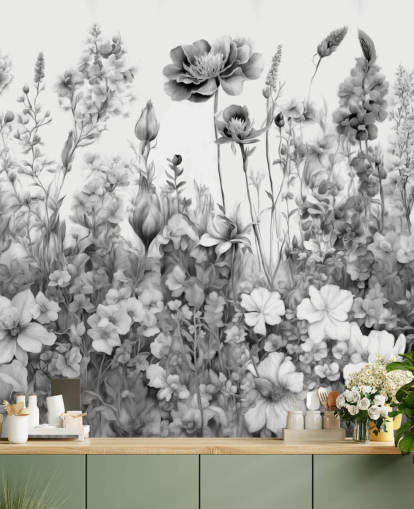 svartvit blommig tapet väggmålning som heter Flowers of My Soul III av Marina Stupakova svartvit blommig tapet väggmålning som heter Flowers of My Soul III av Marina Stupakova