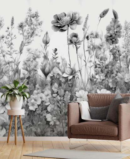 black and white floral wallpaper mural called Flowers of My Soul III by Marina Stupakova black and white floral wallpaper mural called Flowers of My Soul III by Marina Stupakova