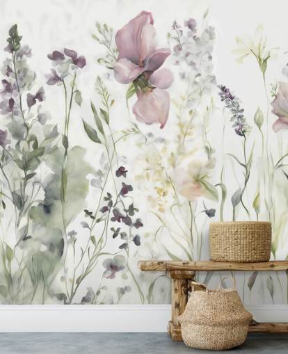 mural de papel pintado floral blanco, morado y verde llamado La suavidad del corazón III de Marina Stupakova mural de papel pintado floral blanco, morado y verde llamado La suavidad del corazón III de Marina Stupakova