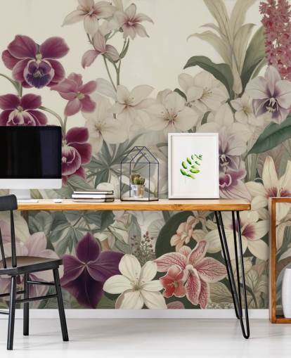 fresque murale à motif floral blanc et violet intitulée La tendresse des orchidées de Marina Stupakova pour les chambres et les salons fresque murale à motif floral blanc et violet intitulée La tendresse des orchidées de Marina Stupakova pour les chambres et les salons