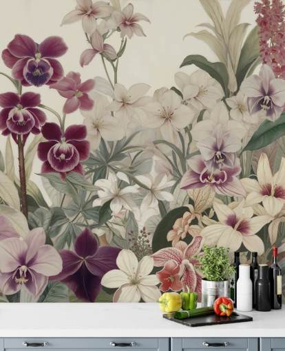 mural de parede com padrão floral branco e roxo chamado The Tenderness of Orchids, de Marina Stupakova, para quartos e salas de estar mural de parede com padrão floral branco e roxo chamado The Tenderness of Orchids, de Marina Stupakova, para quartos e salas de estar