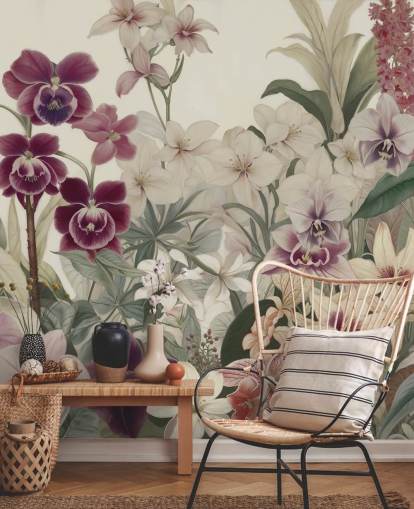 mural de parede com padrão floral branco e roxo chamado The Tenderness of Orchids, de Marina Stupakova, para quartos e salas de estar mural de parede com padrão floral branco e roxo chamado The Tenderness of Orchids, de Marina Stupakova, para quartos e salas de estar