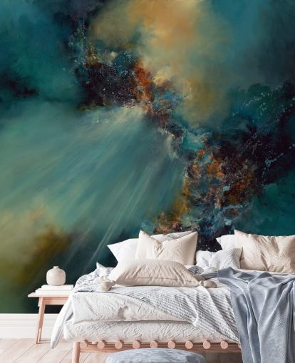 sininen ja kultainen muokattava abstrakti taustakuvamaalaus nimeltä Alison Johnson Nebula makuuhuoneisiin sininen ja kultainen muokattava abstrakti taustakuvamaalaus nimeltä Alison Johnson Nebula makuuhuoneisiin