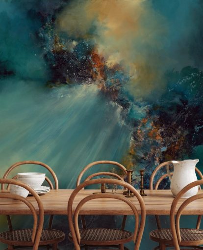 blå og guld tilpasselig abstrakt tapetmaleri kaldet Nebula af Alison Johnson til soveværelser blå og guld tilpasselig abstrakt tapetmaleri kaldet Nebula af Alison Johnson til soveværelser