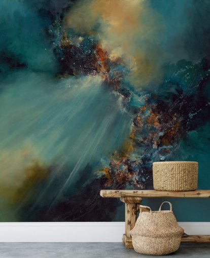 mural de papel pintado abstracto personalizable azul y dorado llamado Nebula de Alison Johnson para dormitorios mural de papel pintado abstracto personalizable azul y dorado llamado Nebula de Alison Johnson para dormitorios