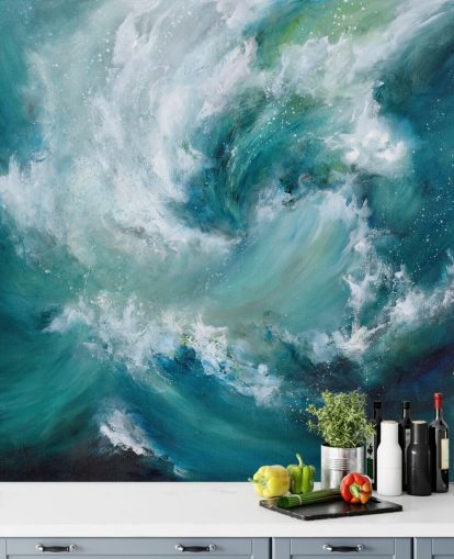 blue and white customisable abstract ocean wallpaper mural called Sea Crash by Alison Johnson for bathrooms and kitchens blue and white customisable abstract ocean wallpaper mural called Sea Crash by Alison Johnson for bathrooms and kitchens