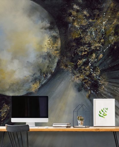 gold, black and white abstract wallpaper mural called Talking to the Moon by Alison Johnson for bedrooms gold, black and white abstract wallpaper mural called Talking to the Moon by Alison Johnson for bedrooms