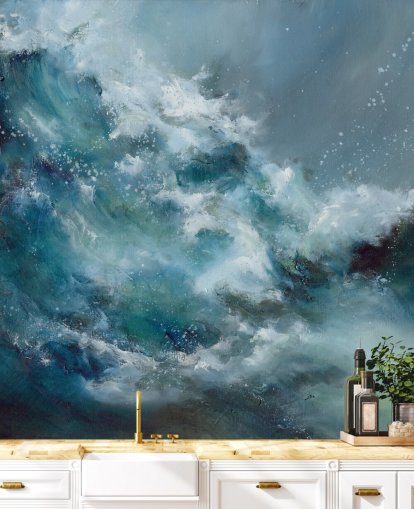 blå och vit anpassad abstrakt havstapetväggmålning kallad Fountain of Life av Alison Johnson blå och vit anpassad abstrakt havstapetväggmålning kallad Fountain of Life av Alison Johnson