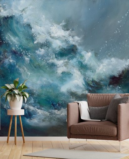 blauw-witte op maat gemaakte abstracte oceaanbehangmuurschildering genaamd Fountain of Life van Alison Johnson blauw-witte op maat gemaakte abstracte oceaanbehangmuurschildering genaamd Fountain of Life van Alison Johnson