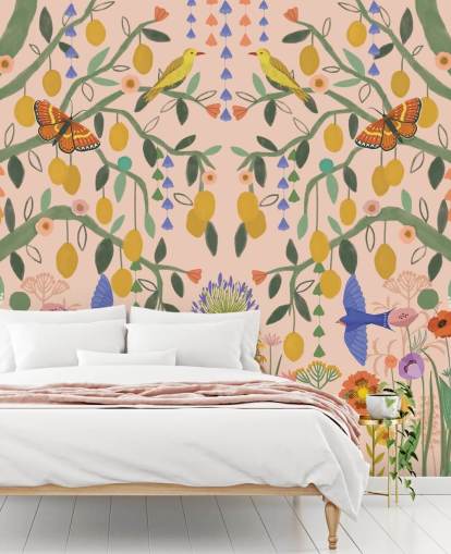 mural de papel de parede de jardim em tons pastel personalizável chamado Lemon Trees de Kate Merritt mural de papel de parede de jardim em tons pastel personalizável chamado Lemon Trees de Kate Merritt