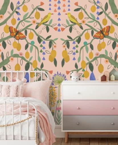 customisable pastel garden wallpaper mural called Lemon Trees by Kate Merritt customisable pastel garden wallpaper mural called Lemon Trees by Kate Merritt