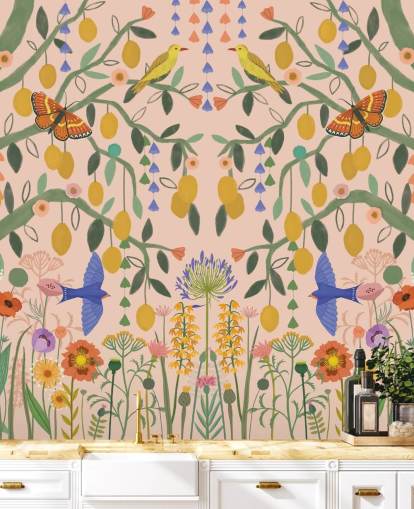 tilpassbart pastellhagetapet veggmaleri kalt Lemon Trees av Kate Merritt tilpassbart pastellhagetapet veggmaleri kalt Lemon Trees av Kate Merritt