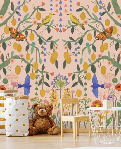 mural de papel de parede de jardim em tons pastel personalizável chamado Lemon Trees de Kate Merritt mural de papel de parede de jardim em tons pastel personalizável chamado Lemon Trees de Kate Merritt